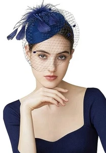 Marineblau Fascinator Pillendose Hut Haarspange Stirnband Federn Hochzeit Tee Party - Bild 1 von 4