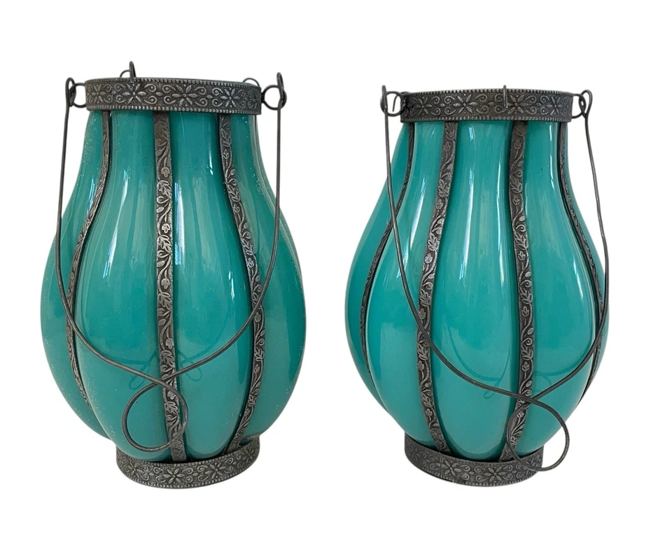 "Juego de 2 linternas marroquíes turquesa con metalistería interior y exterior, 7,5""" Foto 1 de 4