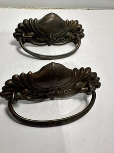 Vintage Metal Backing with Handle Drawer Pull - Pair - Dresser Cabinet E20 - Picture 1 of 5