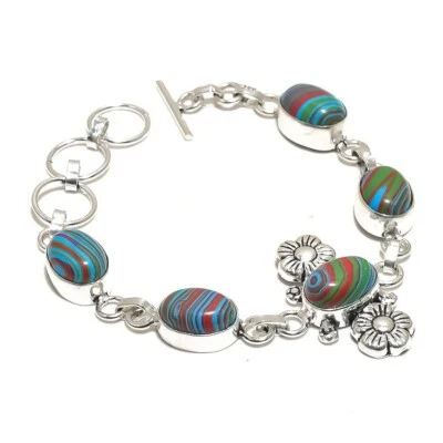 Anniversary Gift For Her Natural Rainbow Calsillica Chain Bracelet 925 Silver - Image 1 of 4