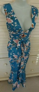 Sexy Plunge Floral Fitted Hi/Low Mermaid Bottom Belted Soft-Stretchy Dress💗Sz M - Picture 1 of 9