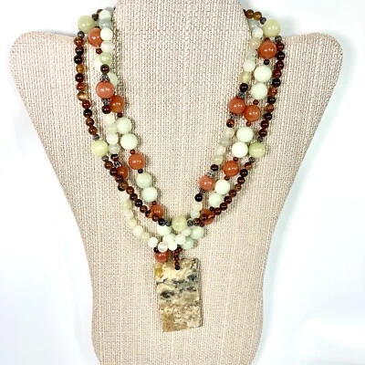 Jasper Chrysoprase Beaded Pendant Necklace 925 Clasp Natural Stone Heavy Chunky - Image 1 of 4