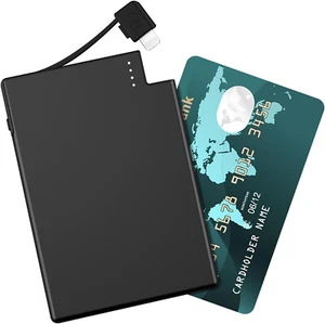 Thin Wallet Credit Card External Power Bank Battery Pocket 2500mah USB C Cable - Picture 1 of 7