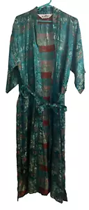 Vintage Eastex Japanese Inspired Green Patterned Kimono Robe Pockets Belt Size L - Picture 1 of 12