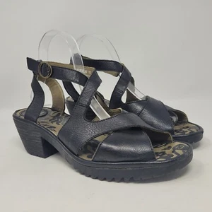 Fly London Sandals Womens EU39 US8.5 Black Leather Chunky Heels Buckle Strappy - Picture 1 of 10