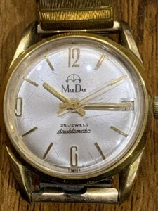 Rare Swiss Made Mudu 25 Jewels Doublematic Date Gents Bracelet Watch -33mm-Works - Picture 1 of 5