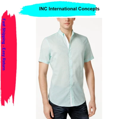 I.N.C. Men's Micro-Geometric Print Shirt, Aqua, Size M - Image 1 of 4