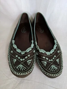 Talbots Flats Women 8.5 Shoe Embroidery Loafer Brasil Moccasin Brown Aqua - Picture 1 of 8