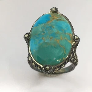 Vintage Sterling Sliver Natural Turquoise Marcasite Gemstone Lady's Ring - Picture 1 of 10