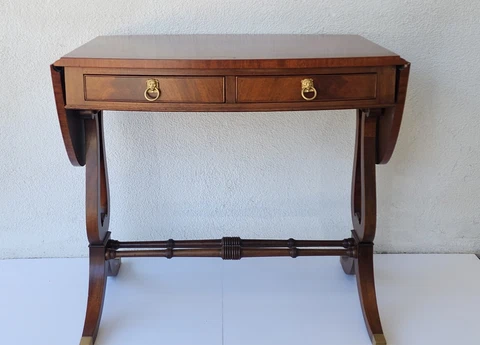 English Drop Leaf Lyre Flamed Mahogany Writing Desk Cover
