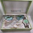New/Old Stock Wristwatch Box Gift Set GENEVA Quartz Silver Green Face Sunglasses