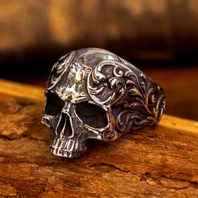 Мужская готический цветок череп кольцо из нержавеющей стали мотоциклиста череп панк кольцо размер 7-13 - Изображение 1 из 4