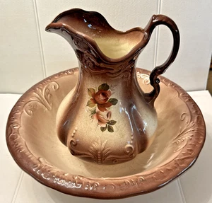 Antigua jarra y lavabo grande marrón floral 1890 Inglaterra Ironstone LEER - Imagen 1 de 9