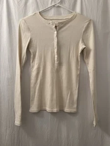 Nili Lotan Women's Jordan Long Sleeve Henley T-Shirt XS Ecru Off-White Ribbed - Picture 1 of 3