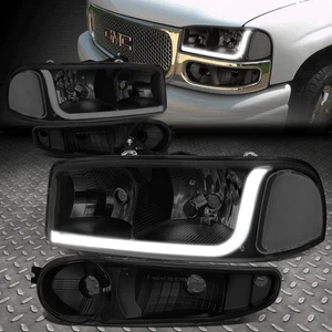 FOR 01-07 GMC SIERRA/YUKON DENALI LED DRL TINTED CLEAR HEADLIGHTS+BUMPER LAMPS - Picture 1 of 9