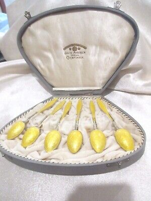 Lovely Cased 6 Norwegian David Andersen Sterling Silver Yellow Guilloche Spoons  • 152.50$