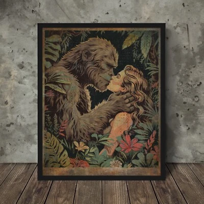 Vintage BIGFOOT LOVE Wall Art, SASQUATCH KISS Flower Poster, Cryptid Yeti Decor - Image 1 of 4
