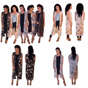 Womens Ladies Sleeveless Floral Printed Chiffon Crepe Maxi Kimono Duster - Picture 1 of 29
