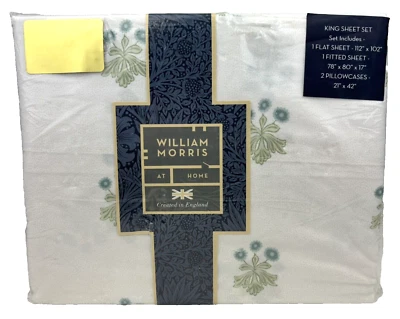 William Morris KING Sheet Set Woodland Floral Seafoam Luxury Cotton Percale - Image 1 of 4