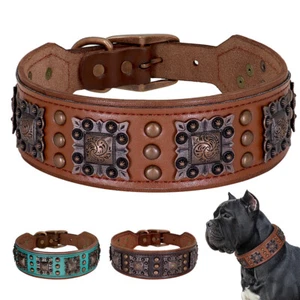 Genuine Leather Studded Wide Dog Collar Heavy Duty Adjustable Rottweiler PITBULL - Picture 1 of 21