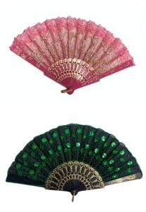 2 Pcs.  Ladies Pink & Green Lace Peacock Pattern Sequin Fabric Hand Fan 13022 - Picture 1 of 7
