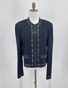 St. John Evening Black Santana Knit Rhinestone Sequin Paillette Zip Jacket Sz 14 - Picture 1 of 8