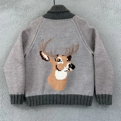 Cárdigan de lana vintage de ciervo Cowichan para mujer grande gris con motivo de los años 60 tejido a mano cremallera EE. UU. Foto 1 de 4