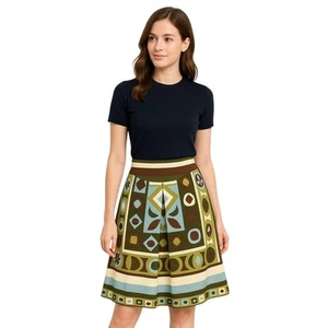 Falda J. McLaughlin Geométrica Marrón Verde Estampado Mezcla Lana Seda Línea A Talla 8 - Imagen 1 de 9