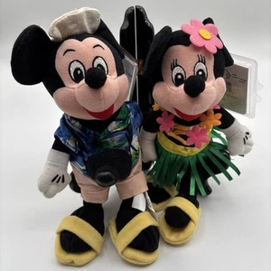 Disney Tourist Mickey & Hula Minnie Mouse Bean Bag Plushes Set Hawaiian CUTE!! - Picture 1 of 6