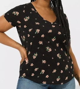 Torrid Heritage V-Ausschnitt Tasche T-Shirt Slub Jersey schwarz pink Blumenmuster Damengröße 1 1X - Bild 1 von 9
