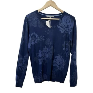 Daniel Rainn Women’s Ari Floral Cashmere Blend V Neck Sweater Size M Navy NWT - Picture 1 of 7