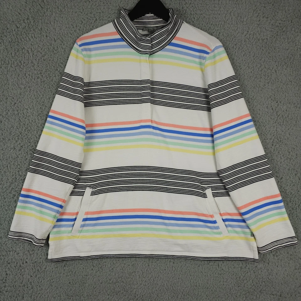 T by Talbots Pullover Women XL White Black Striped 1/4 Snap Terry Sweater UPF 50 - Image 1 of 4