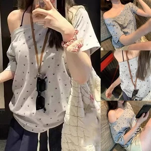 Stylish Off Shoulder Short Sleeve T Shirt for Women with Dog Claw Print - Picture 1 of 14