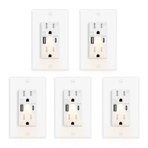 5-Pack USB C+A 24W Fast Charging Outlets, 4.8A, LED Night Light, On/Off Switch - Picture 1 of 12