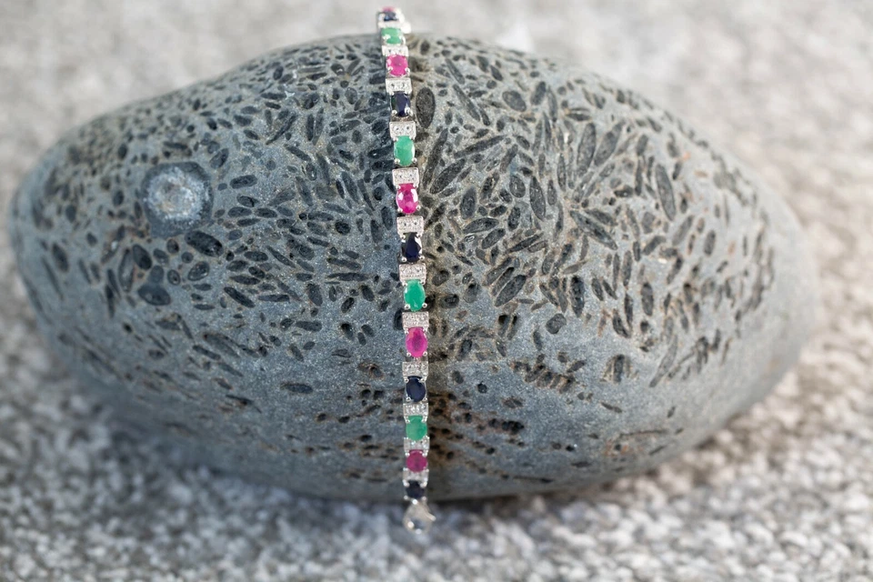 Ruby, Blue Sapphire, Emerald & White Topaz Sterling Silver Bracelet - Image 1 of 1