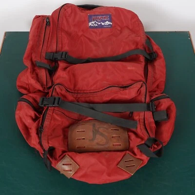 Mochila Jansport Vintage Cuero Senderismo Camping Hecha en EE. UU. Roja Sin Marco de Metal Foto 1 de 4