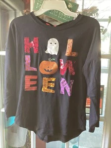 New Poof! Girls Clothing Company Black Sequin Halloween Long Sleeve Shirt NWT L - Picture 1 of 4