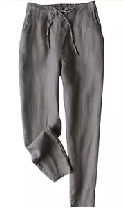 NEW Tapered 100% Linen Drawstring Back Elastic Waist Ankle Length Pants M - Picture 1 of 4