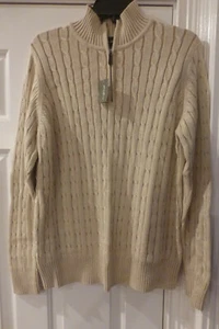 Vintage Eddie Bauer Women's Sweater Cable-Knit Cotton Mock 1/2 zip Hea/Camel NWT - Picture 1 of 3