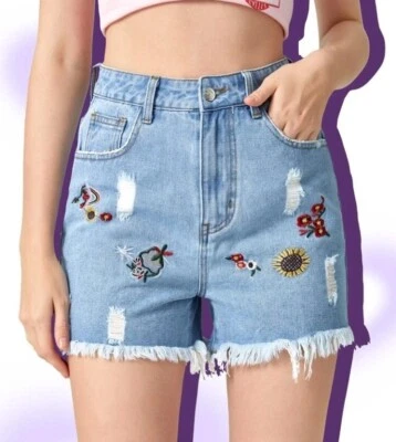 Pantalones cortos de mezclilla para mujer talla 6-8 lavado ligero floral bordados bordados dobladillo crudo S Foto 1 de 4