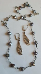 Vintage 925 Sterling Pfau Perle Station Halskette Kette + Ohrringe/kostenloser Versand USA - Bild 1 von 4