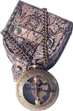 Brass Sundial Compass with Leather Case & Chain, Pocket Compass,