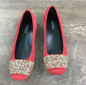 Vaneli Red Suede Multi Color Rhinestone Flats- Size 8N Square Toe - Picture 1 of 8