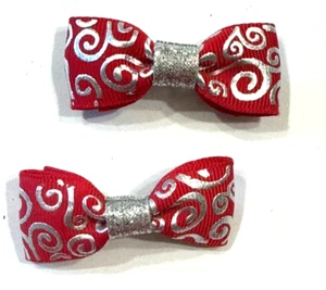 Beautiful Christmas Silver and Red set of pigtail bows for girls - Picture 1 of 2