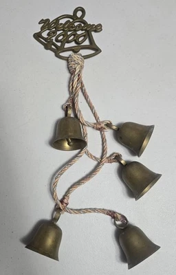 Set of 5 Vintage Style Brass Bells With String Rope Cord WELCOME 2000 India - Image 1 of 4
