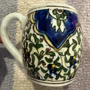 VTG Mug Hand Painted Pottery from Iznik Turkey Blue Red Yellow Floral - Picture 1 of 14