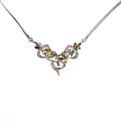 925 Sterling Silver Necklace Marquise Tourmaline Rhodolite Gemstone Jewelry 19in - Image 1 of 4
