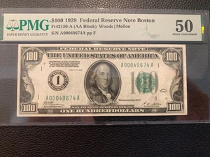 $100 1928 FEDERAL RESERVE NOTE BOSTON Fr#2150-A PMG 50 AU S/N A00049674A - Picture 1 of 7