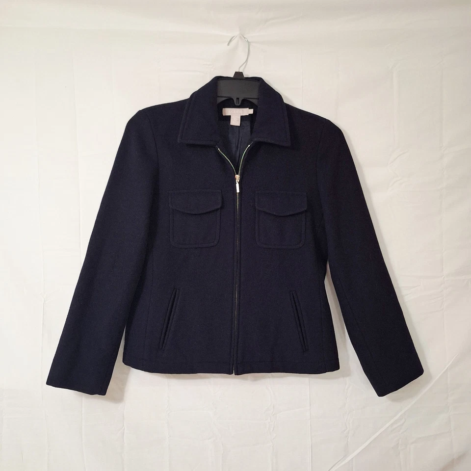 Vintage J. Chaqueta Crew Mezcla Lana Cremallera Completa Azul Negro Abrigo Mujer Pequeño Foto 1 de 4
