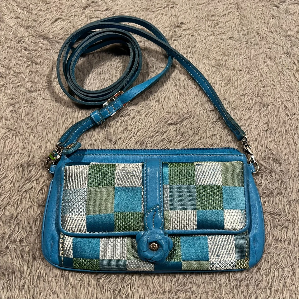 Brighton Crossbody Purse Clutch Purse Blue Green Check Adjustable Zip Snap - Image 1 of 4